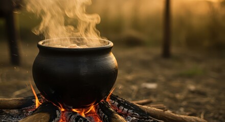 Warm, rustic, and inviting outdoor scene showcases a traditional black cauldron positioned over a crackling campfire, with wisps of fragrant steam rising into the soft, golden light, creating a cozy.