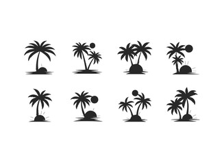 Fototapeta premium Collection of black palm tree and sun silhouette icons on