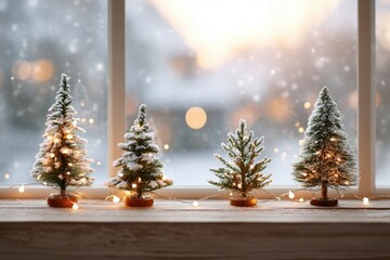 Miniature Christmas trees on a snowy windowsill