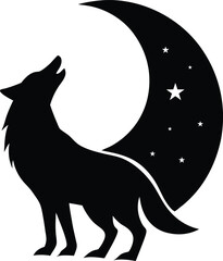 Wolf howling at moon silhouette vector art illustration
