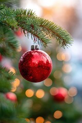 Red glittery Christmas ornament on pine tree