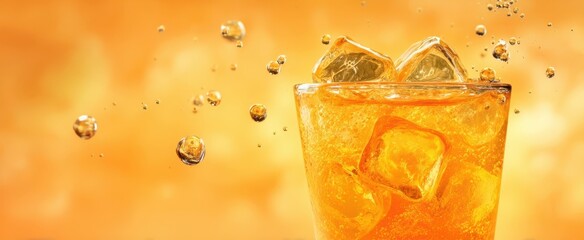 The glass of iced orange soda splashing with ice cubes and sparkling bubbles