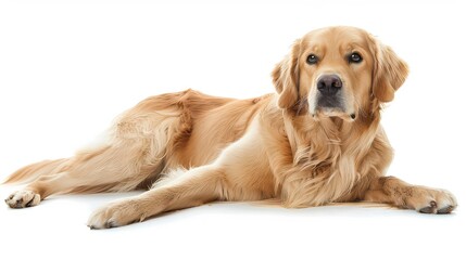Obraz premium Majestic Golden Retriever dog resting peacefully with soulful eyes looking directly at the camera, conveying warmth and loyalty