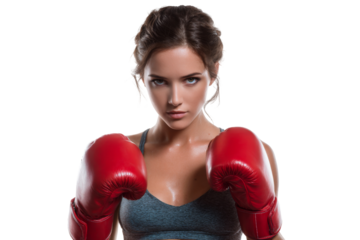 Athletic young woman in sportswear with red boxing gloves isolated on background