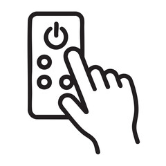 Obraz premium Close up of a human finger pressing the power button on a remote control device with simple line art style