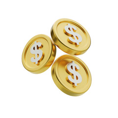 3d three golden dollar coins floating on transparent background
