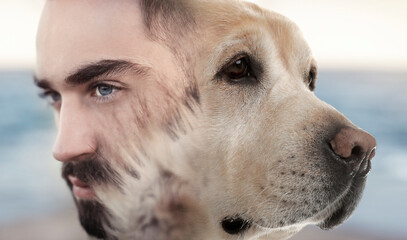 Young woman and dog, double exposure. Collage on blurred background