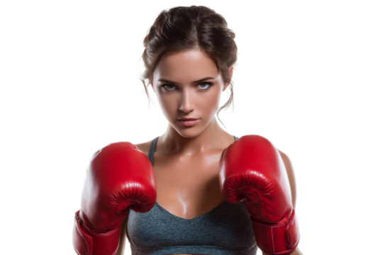 Athletic young woman in sportswear with red boxing gloves isolated on background