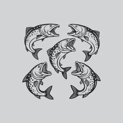 A set of Large mouth Bass Fish Attack on Lure Illustration