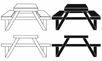 Black and white vector illustration of a wooden picnic table or picnic bench from front and top view, shown in outline and solid silhouette. Perfect for outdoor, park, camping, furniture design use