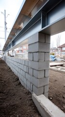 Construction of a building foundation with cinder blocks and steel beams at a residential site in early spring