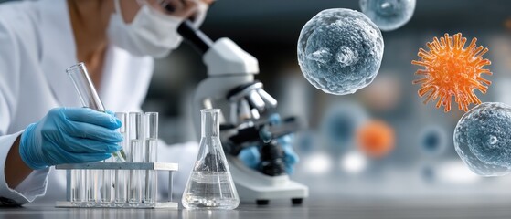 Scientist conducting experiments in a laboratory with microscope, test tubes, and microscopic organisms in focus