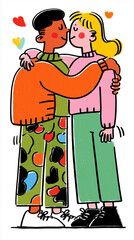 Illustration of a Man and Woman Embracing Amid Heart Shapes — Colorful, Romantic Scene Symbolizing Love, Affection, and Togetherness with Vibrant Clothing in 9:16 Aspect Ratio