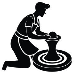 Person Making Pottery on a Wheel in Black and White Silhouette Vector Illustration