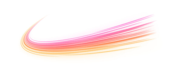 Curved bright speed line swirls. Light trail wave, fire path trace line, car lights, optic fiber and incandescence curve twirl. Abstract neon rays of light on a transparent background in PNG format.	