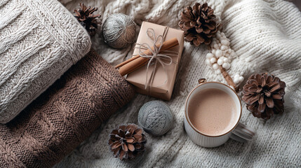 A flat lay of festive holiday items including wrapped gifts, ornaments, pinecones, and a cup of hot cocoa with a cinnamon stick. The background features a soft, knitted blanket for a cozy feel.