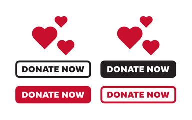 Donate Now Button and Heart Icons Set for Online Fundraising and Charity