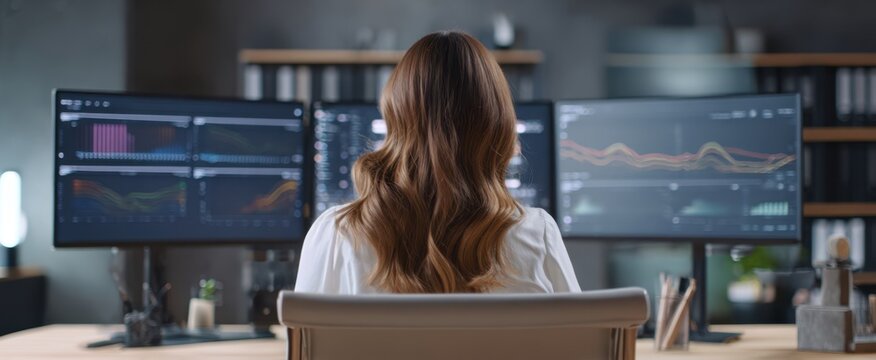 The Woman Analyzing Financial Data on Multiple Monitors in a Modern Office - Powered by Adobe