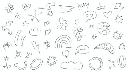 Collection of hand-drawn doodle icons and symbols featuring flowers, hearts, rainbows, clouds and white background