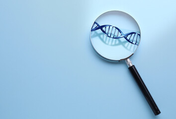 DNA spiral in magnifying glass on light blue background, top view. Genetic analysis and research