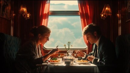 A couple enjoying a cozy lunch together on a train, gazing out at the beautiful scenic landscape through the window, capturing a peaceful and romantic travel moment - Powered by Adobe