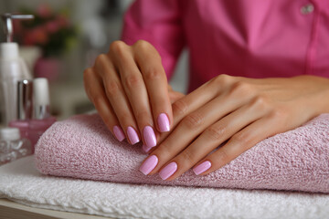 Fototapeta premium Manicured Hands: a close-up image showing a person's hands with perfectly manicured nails. The hands rest gracefully on a soft, fluffy towel. The scene exudes a sense of tranquility and pampering.