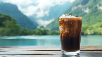 Iced Coffee Glass with Cream Swirls on Wooden Table Against Scenic Lake View