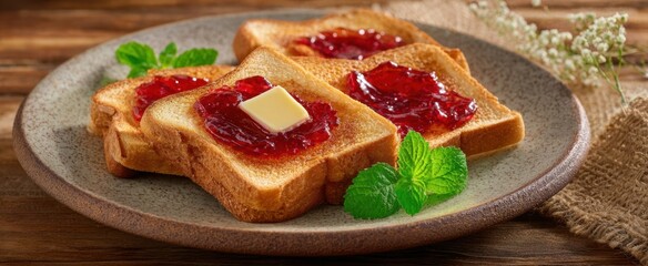 The Toast Slices with Butter and Strawberry Jam on a Rustic Plate