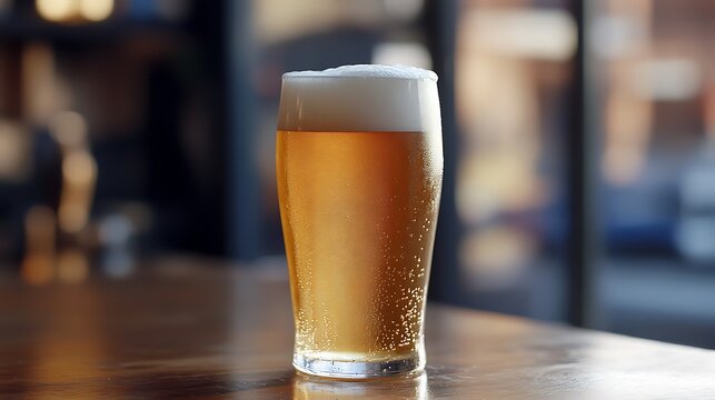 Icy Pint Glass of Golden Lager Beer with Thick Foamy Head on Wooden Surface
