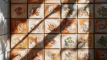 Editorial photography for Architectural Digest of a wall made out of tiles with dry flowers reliefs.