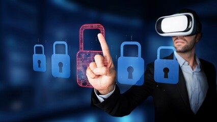 A man wearing a virtual reality headset interacts with digital locks, symbolizing the connection between innovative technology and cyber protection in a modern setting. Raster