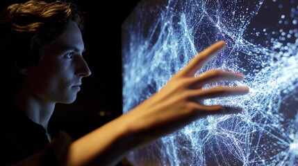 Medium shot of a person engaging with a touchsensitive display to manipulate and explore multidimensional big data visualizations for decisionmaking.