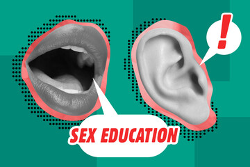 Obraz na płótnie Canvas Sex education creative collage with speech bubbles, female lips and human ear against teal background