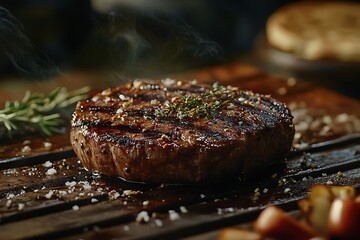 Juicy Grilled Beef Steak with Herbs and Spices on Rustic Wooden Board, Food