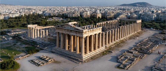 Historical ruins of a grand temple overlooking the city, showcasing ancient architecture against a backdrop of modern development at sunset