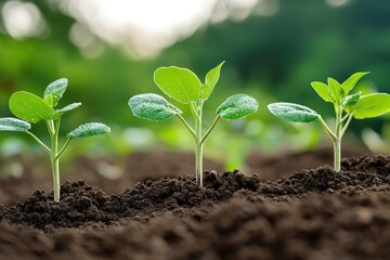 Newly sprouted plants growing in fertile soil in a garden setting