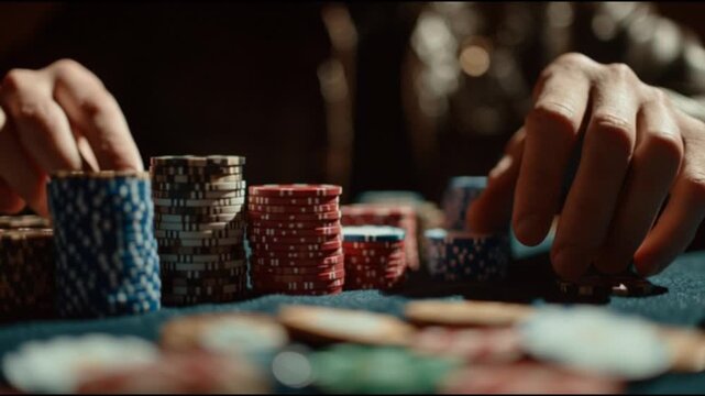 Close-up cinematic view of a poker player’s hands skillfully handling chips on a casino table, capturing tension, strategy, and high-stakes excitement in dramatic lighting; gambling