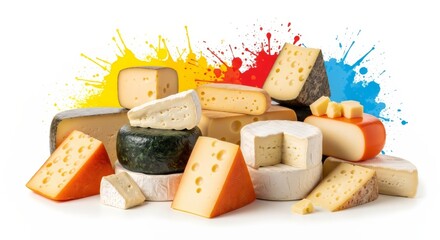 A large assortment of various cheeses isolated on a white background. Gourmet dairy products with a creative and colorful paint splash.