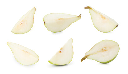 Pieces of fresh pears isolated on white, set