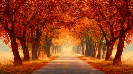 Nature's golden blanket: an enchanting birch grove in early frost. Hero poster. Golden birch alley by road: autumn's quiet elegance with frozen grass. Thriller poster. Poster design.