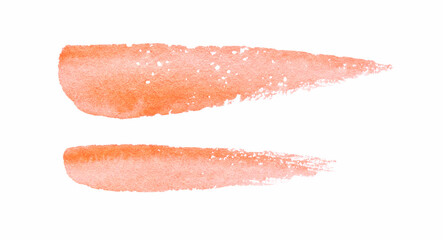 Abstract two orange watercolor brush strokes painting on white background.