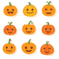 Vector design of Set of mini icon pumpkin illustrations with flat design style, vibrant orange and yellow hues, simple lines, and minimal shading, displayed on a clean white background  