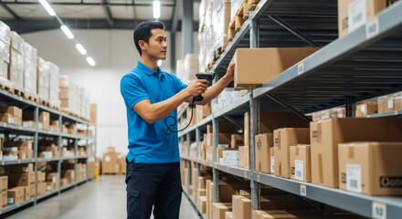Asian warehouse worker scanning a cardboard box with a barcode reader. Man managing inventory in a large distribution center. Logistics and supply chain concept