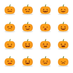 Vector design of Set of mini icon pumpkin illustrations with flat design style, vibrant orange and yellow hues, simple lines, and minimal shading, displayed on a clean white background 