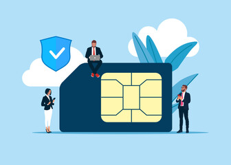Business team with mobile sim card, mobile phone communication scheme. Microcircuit. Connectivity, compatibility, and mobility. Flat vector illustration