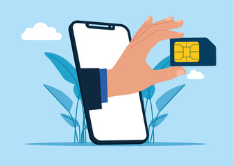 Hand hold mobile sim card from the phone screen, mobile phone communication scheme. Microcircuit. Vector flat illustration