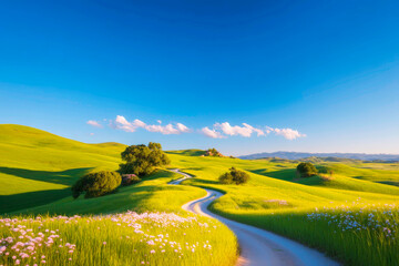 Picturesque Serene Country Road Meandering Through Golden Fields and Vibrant Green Meadows
