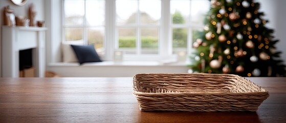 Fototapeta premium Festive living room with a Christmas tree and a woven basket on the wooden table, creating a cozy holiday atmosphere