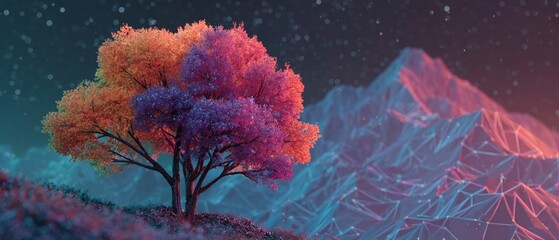 Mountain tree: a silent witness to autumn's farewell and winter's arrival. Artificial intelligence. Majestic solo tree on mountain, first snow enhancing autumnal hues. Futuristic system.