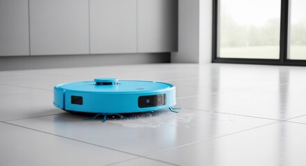 A blue robotic vacuum cleaner mopping a wet spill on a modern tile floor. Smart home cleaning technology and household automation. Copy space for text.